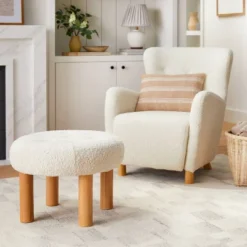 Kessler Round Tufted Faux Shearling Ottoman With Wood Legs Cream - Threshold™ Designed With Studio McGee -Threshold Designed W/Studio Mcgee GUEST 04b65af8 a754 447b a4dd 3ee4c3c36a15